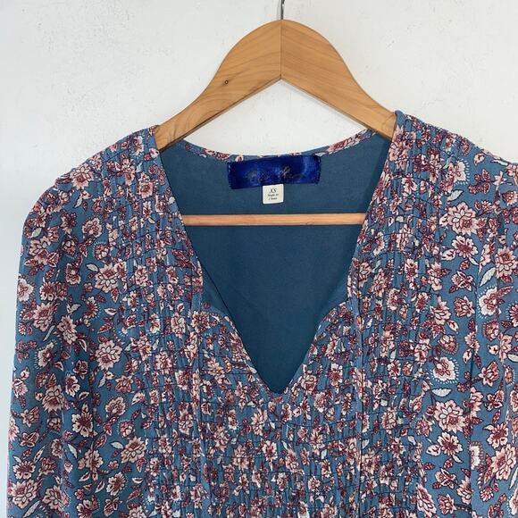 Blue Rain XS Boho Floral Mini Dress Cottagecore Ruffle Hem Long‎ Sleeve Smocked - Picture 2 of 9